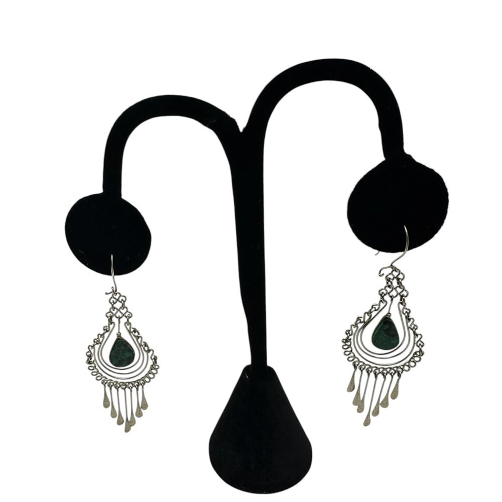 Malachite and Silver Dangle Earrings - Picture 3 of 6
